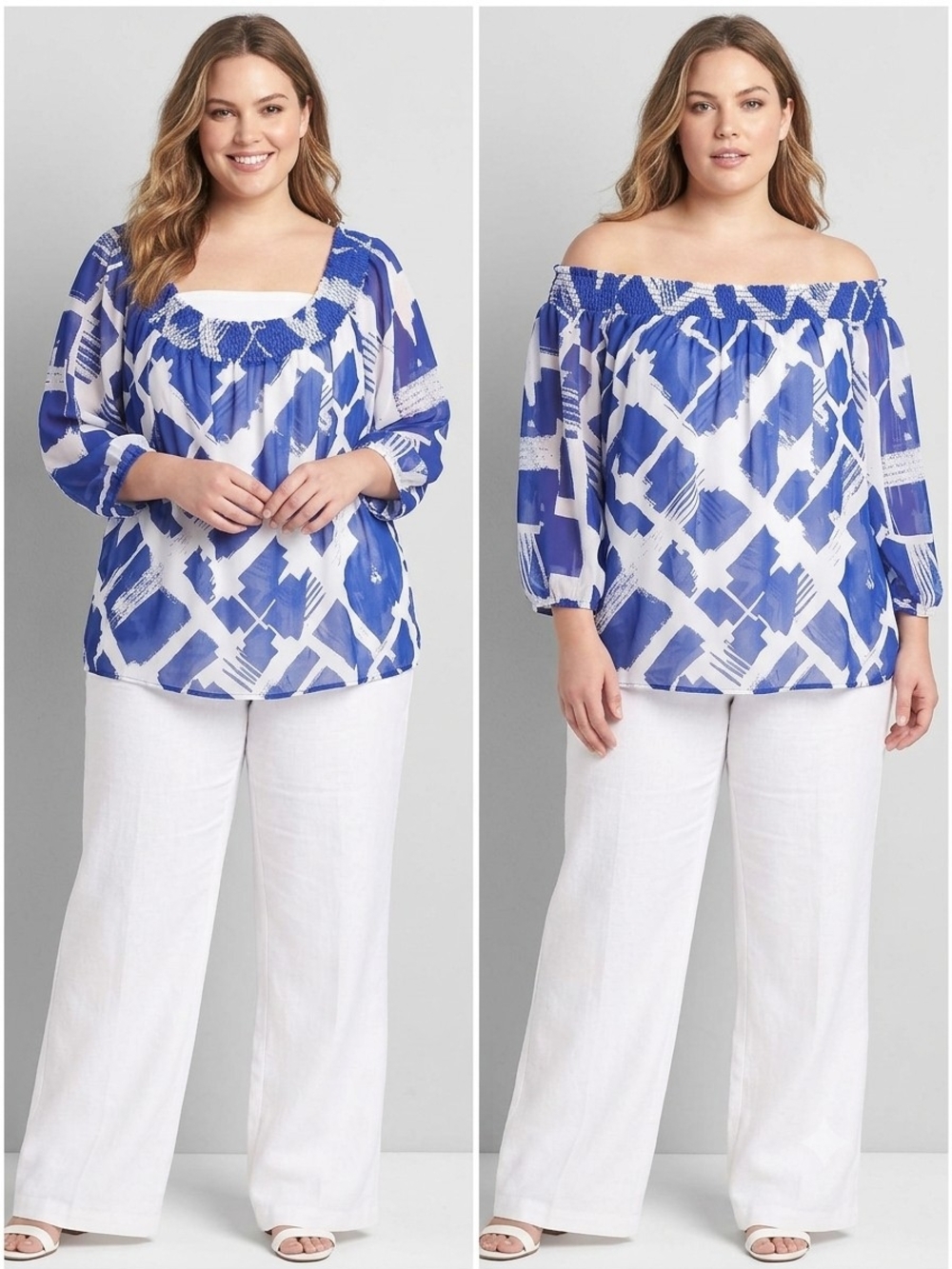 Lane Bryant Oversized Blue and White Off-Shoulder Printed Peasant Blouse